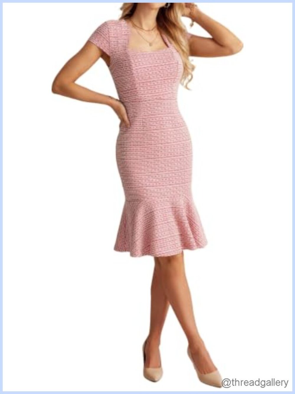 Fishtail Tweed Bodycon Cocktail Pencil Dress Cap Sleeve